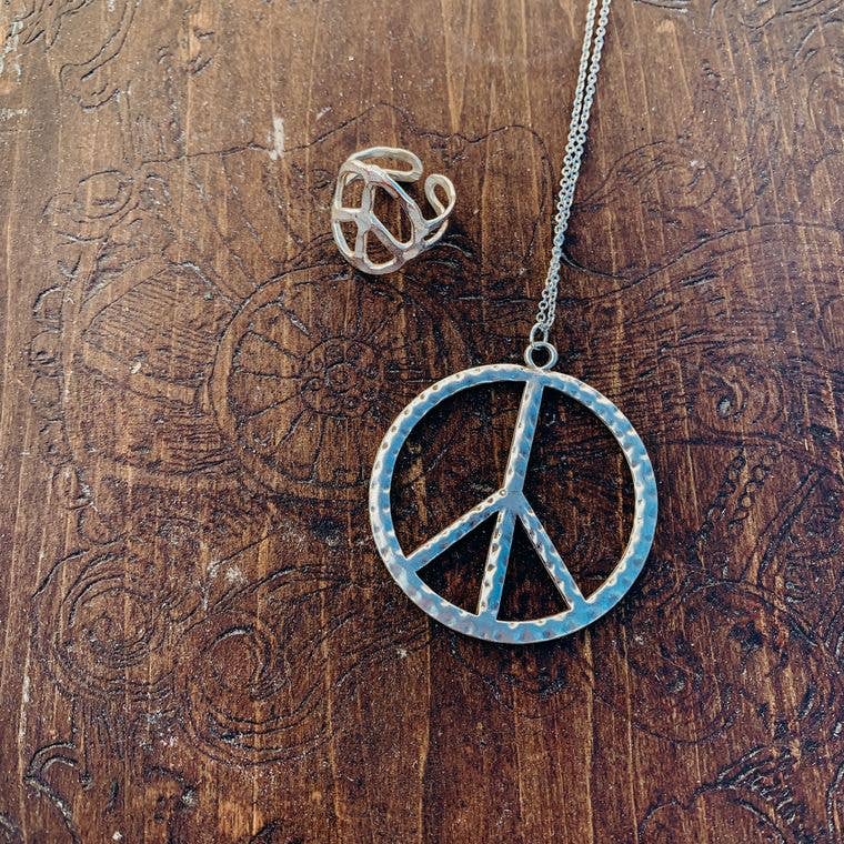 Red Shed Designs - Wholesale Pendant/Charm Necklace - Antique Silver Peace Sign Boho Long Necklace4