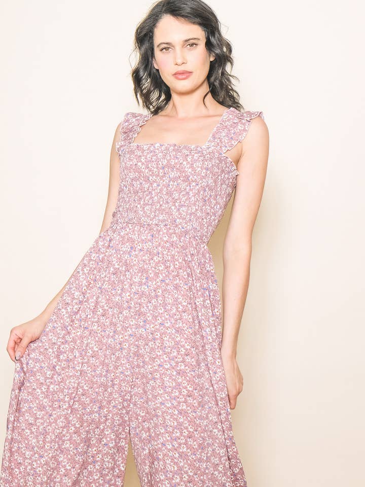 Super Comfy Ruffle Shoulder Smocked Wide Leg Jumper Jumpsuit for wholesale by Elloh Collection