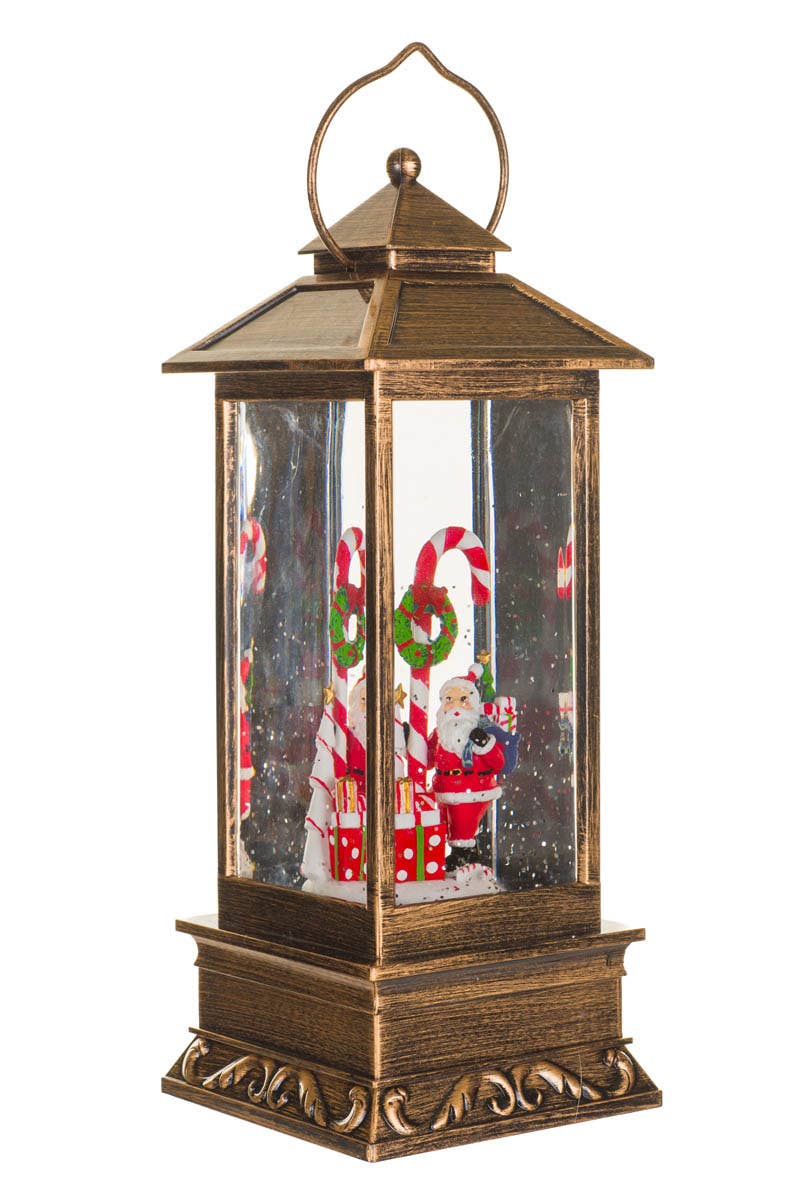 Starlight Collection - Wholesale Decorative Tabletop Object - NEW-Bronze Led Lantern Snow Globe W/ Santa & Candy Cane1