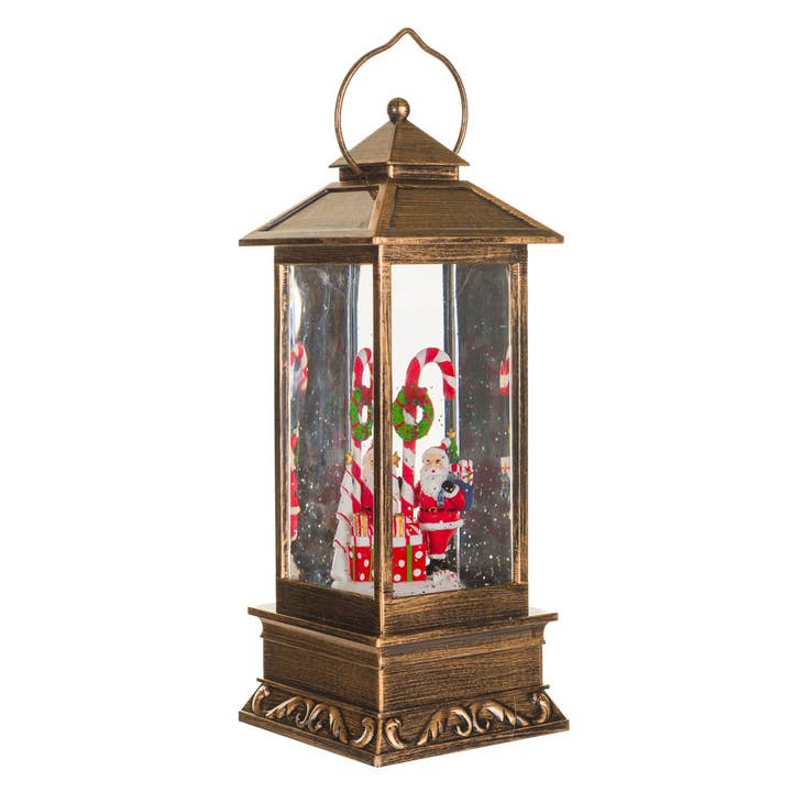 Starlight Collection - Wholesale Decorative Tabletop Object - NEW-Bronze Led Lantern Snow Globe W/ Santa & Candy Cane1