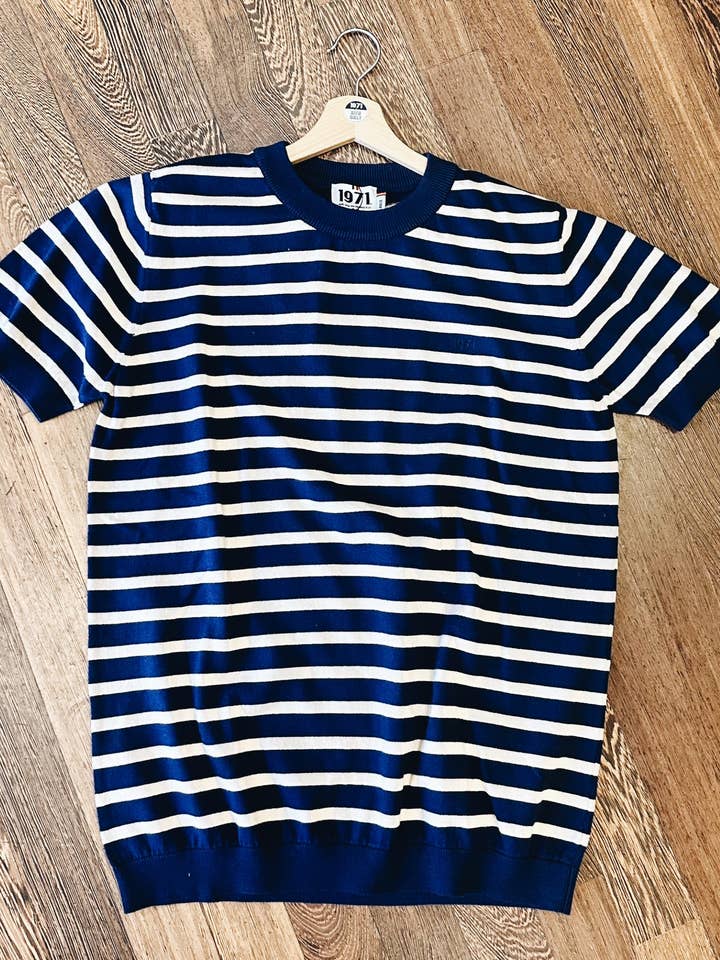 Teddy 50’s Striped Crew Neck - Blue & Ecru for wholesale by 1971