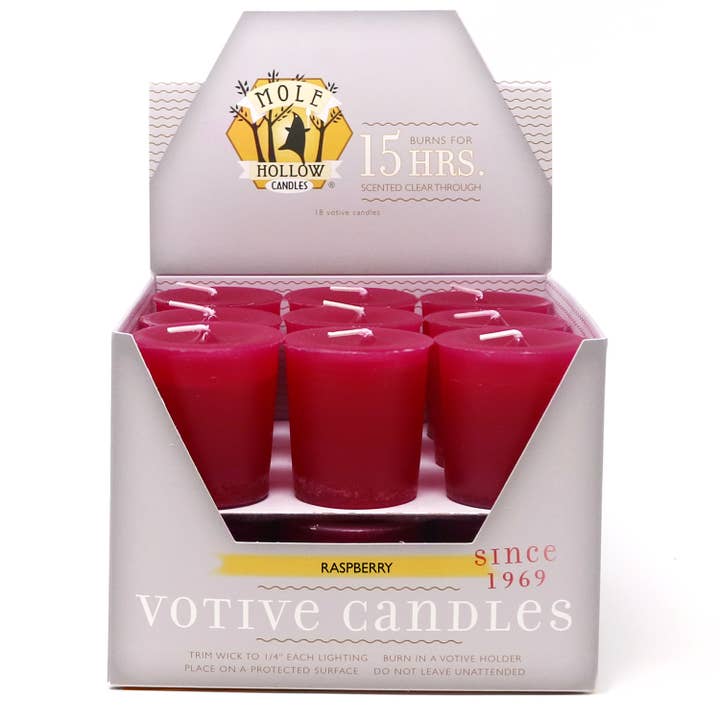 Raspberry Scented Votive Candles, Made in USA for wholesale by Mole Hollow Candles