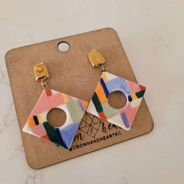 Rainbow Colorblock Diamond Cut-out Earrings for wholesale by Crown & Heart