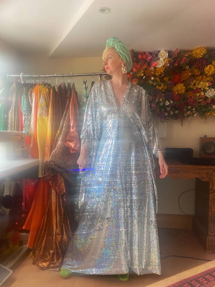 Fumbalinas - Wholesale Kaftan - Women's - Silver Metallic Holographic/ Sequin Kaftan Gown / Dress52