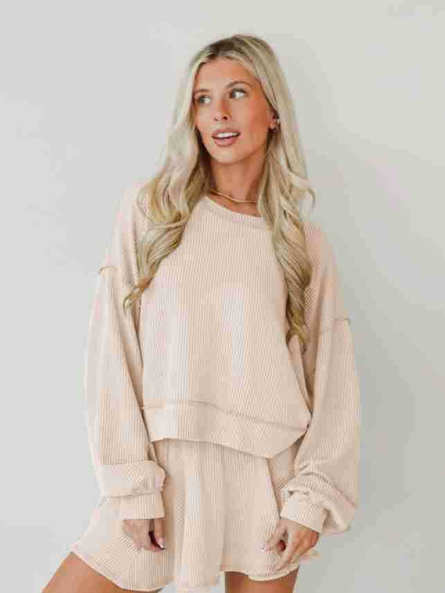 Marayn - Wholesale Top & Skirt Set - Women's - Autumn Ribbed Set Lantern Sleeve Top  Pleated Skirt44