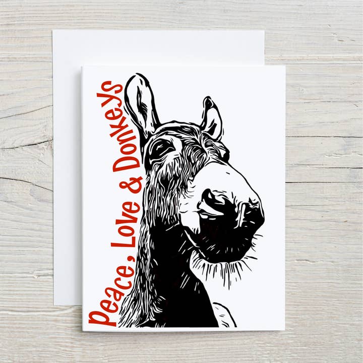 "Peace, Love & Donkeys" Notecard for wholesale by Laughing Mule Press