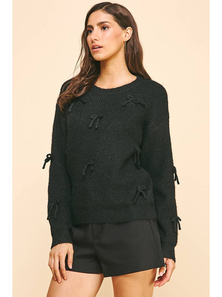 PINCH - Wholesale Knit Sweater - Women's - RIBBON EMBELLISHMENT SWEATER TOP - BLACK