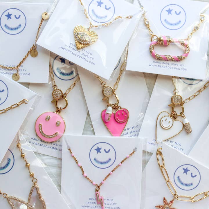 Beaded by Meg - Wholesale Pendant/Charm Necklace - Tickled Pink- Carabiner Clasp Paperclip Chain Necklace3