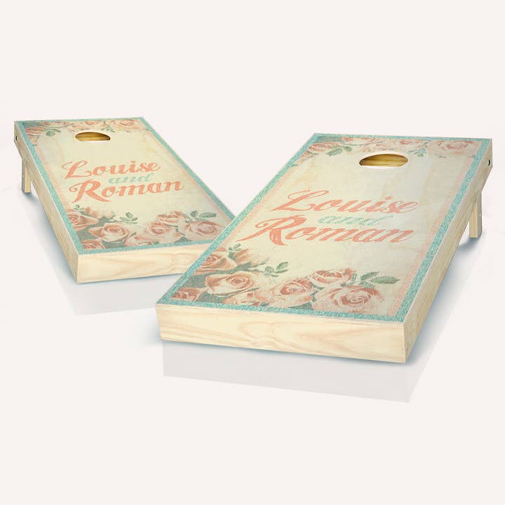 Personalized Vintage Rose Wedding Cornhole Set for wholesale by Skip's Garage