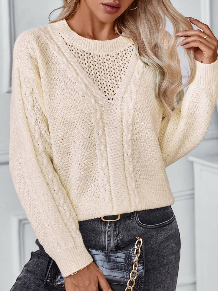 CWOSWL2881_PULL EN TRICOT TORSADÉ VINTAGE CREUX DE COULEUR UNIE pour la vente par NINEXIS