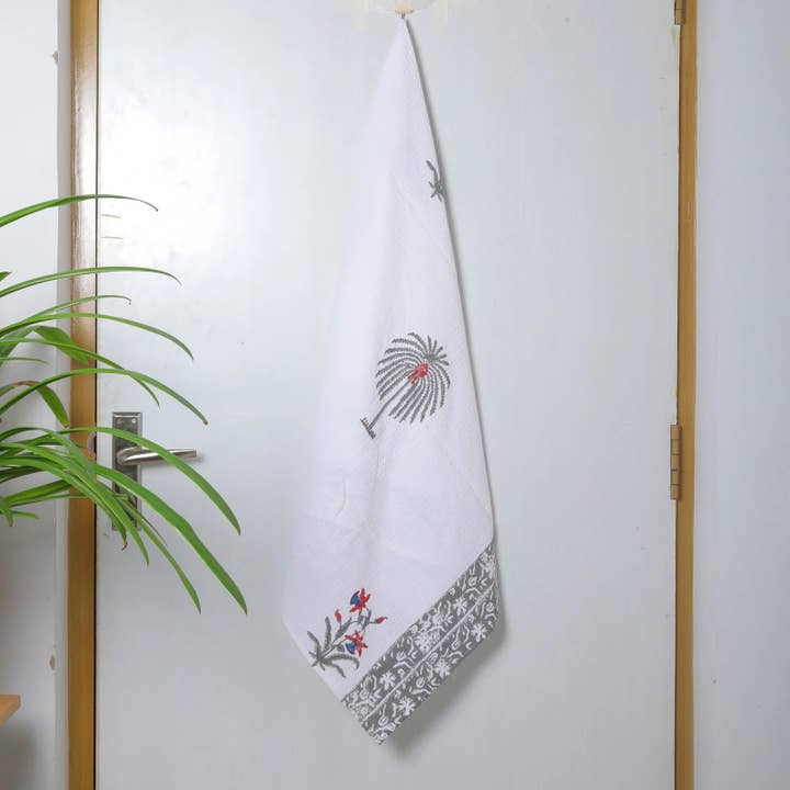 Floral Palm Block Print Cotton Waffle Bath Towel for wholesale by Draped In Heritage