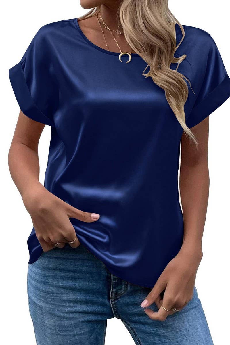 NINEXIS - Wholesale Blouse - Women's - CWTBLS1775_SATIN ROUND NECK LOOSE SHORT-SLEEVED TOP5