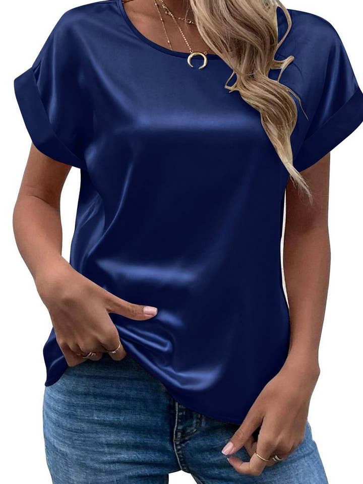 NINEXIS - Wholesale Blouse - Women's - CWTBLS1775_SATIN ROUND NECK LOOSE SHORT-SLEEVED TOP5