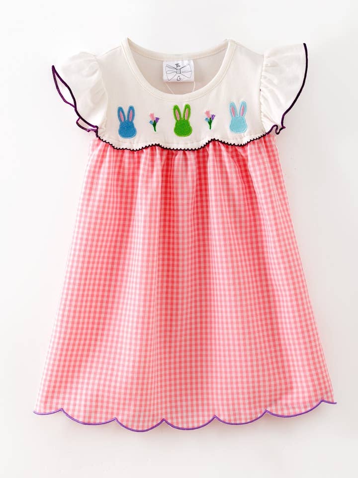 Embroidered Bunnies Pink Gingham Dress for wholesale by The Hair Bow Company