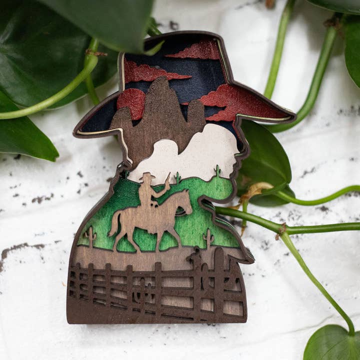 Laser Cut Cowboy, Western 3D Diorama, Handmade Wild West Scene, Cowboy Decor for wholesale by The McGarvey Workshop