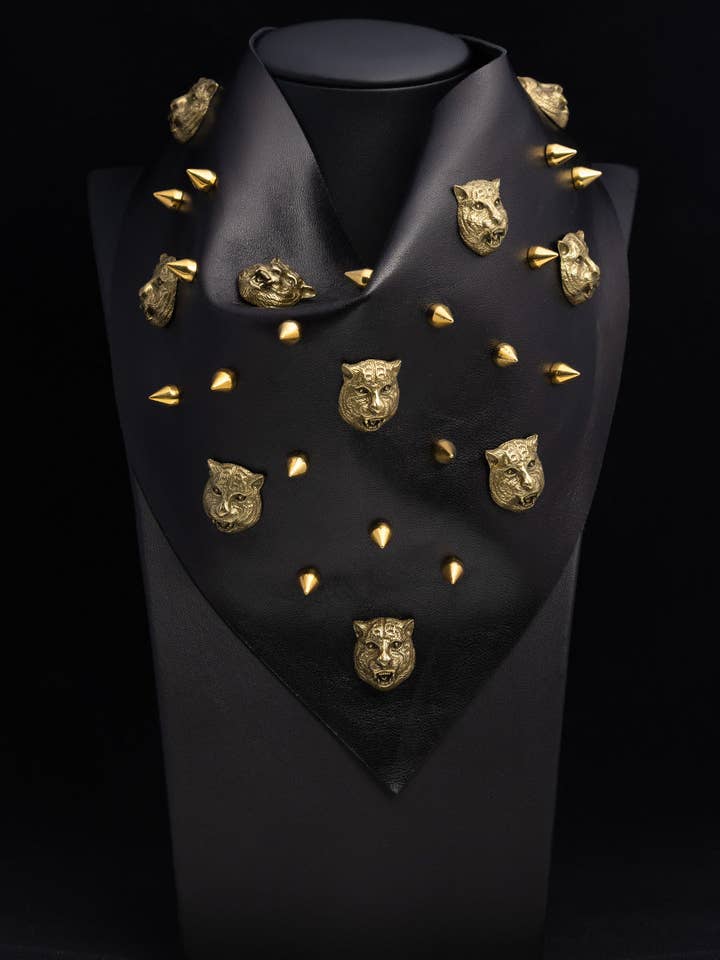 Black Leather Glamdana with Gold Leopards and Spikes for wholesale by Wybo Design