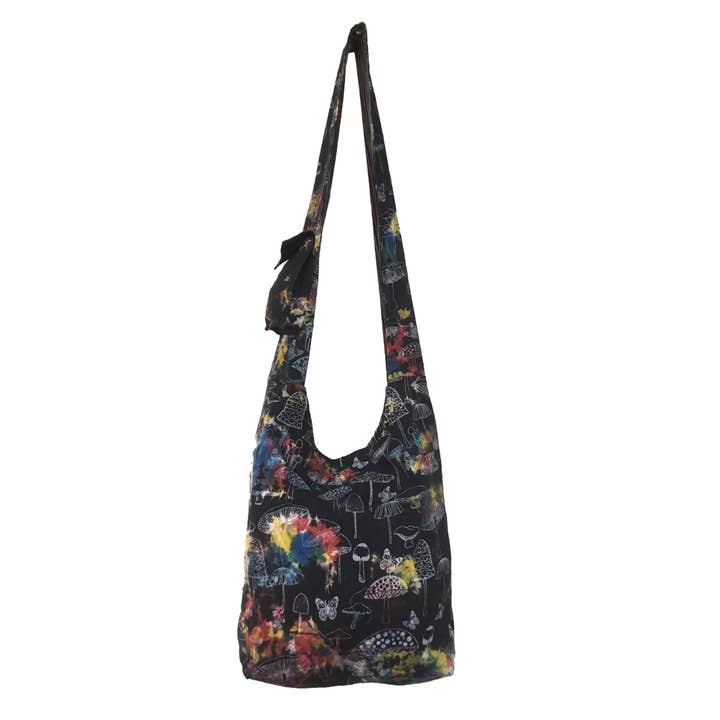 Black Hippie Tie Dye Mushroom Print Hobo Bag for wholesale on Faire