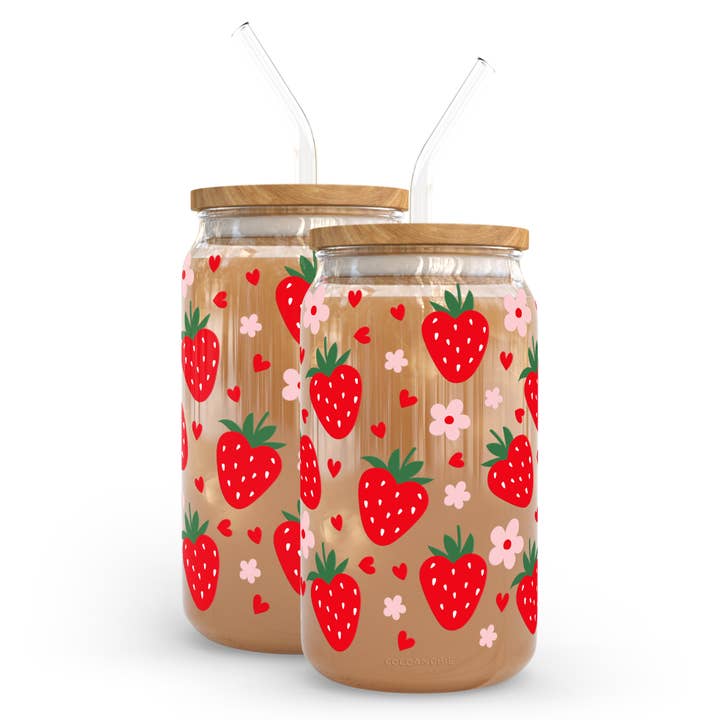 Verre en forme de canette 16oz Fraises et Cœurs - Fruit, Été pour la vente par coco+bie designs
