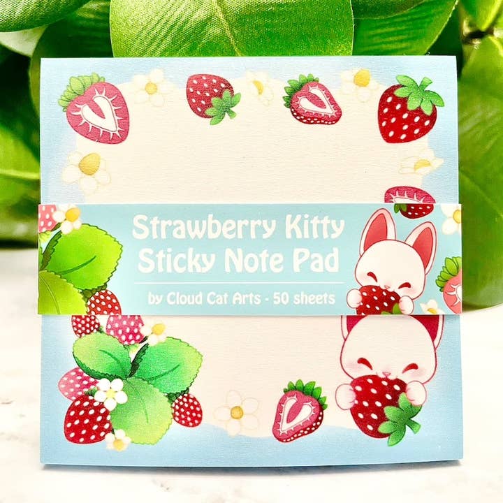 Cloud Cat Arts - Wholesale Sticky Notes - Strawberry Kitty - Cute Fruit Cat - Sticky Notepad