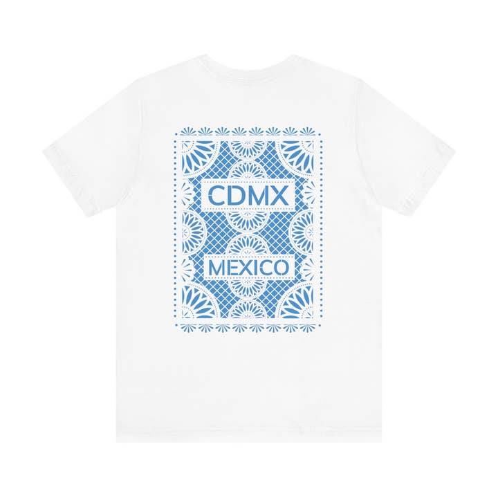 Papel Picado CDMX Mexico Wit T-shirt Blauwe print voor wholesale door Merch Paper Co