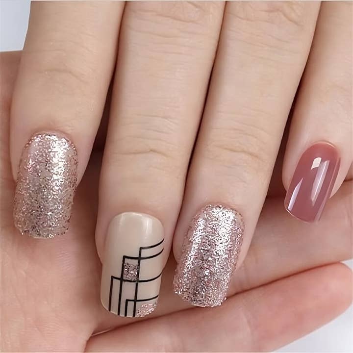 Glaze Bling Press on Nails, mittelgroß, quadratisch, französische Spitze mit Glitzer-Design für den Großhandel von vibeficant