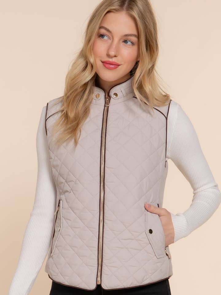 Active Basic | Active USA - Wholesale Outerwear Vest - Women's - Suede Piping Detail Rib Quilted Padding Vest