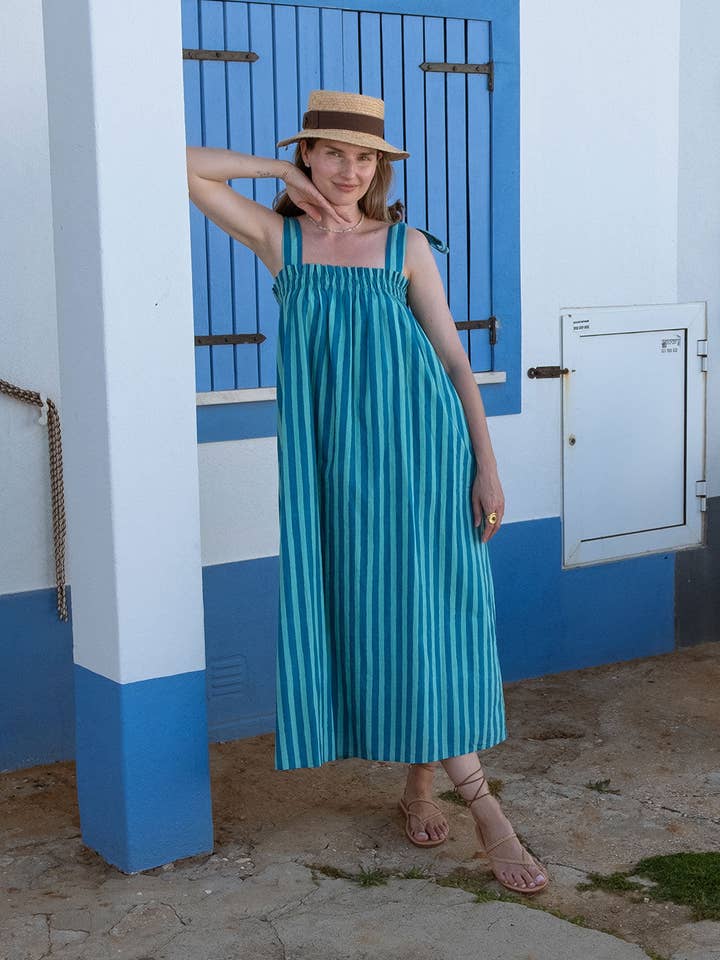 Natalie Dress Green Stripe for wholesale by Ophelia & Indigo