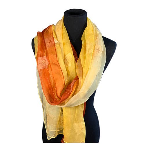 Silk Scarf, Sheer Embroidery, Rust /yellow SLK107/RU for wholesale on Faire0