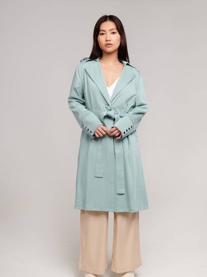 Hushed Sea Foam Trench Coat for wholesale by Ergonaut