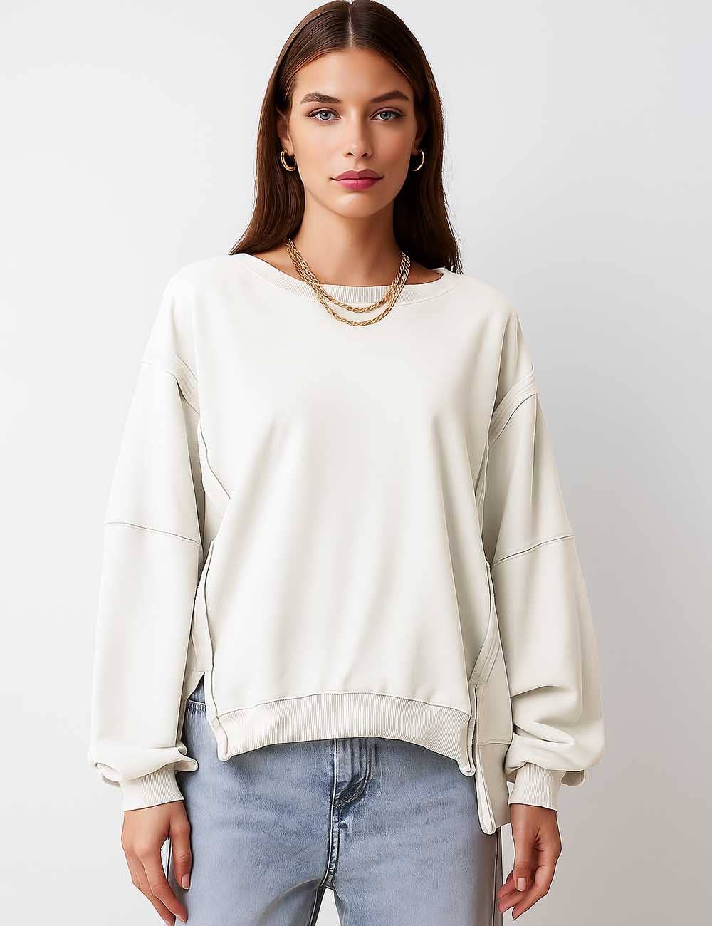 Sweetkama – wholesale Sweatshirt - Dam – Enfärgad oregelbunden Slouchy tröja för damer SKT3857