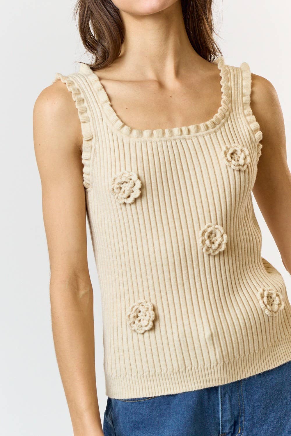 Lalavon - Wholesale Knit Top - Women's - ILT3740 3D Crochet Flower And Ruffled Hem Knit Tank Top 2