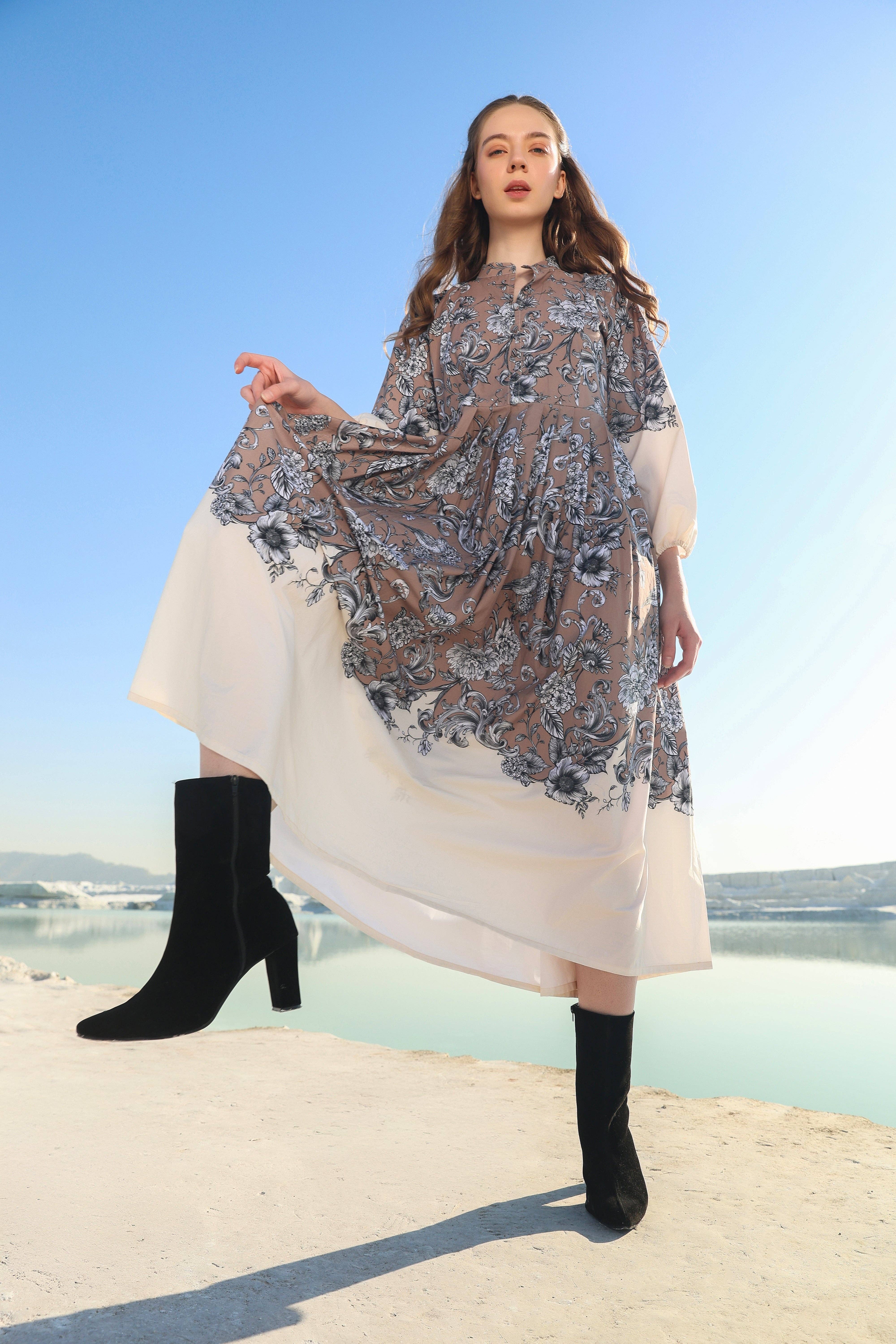 Brown Cocoa floral tier Midi dress for wholesale on Faire6