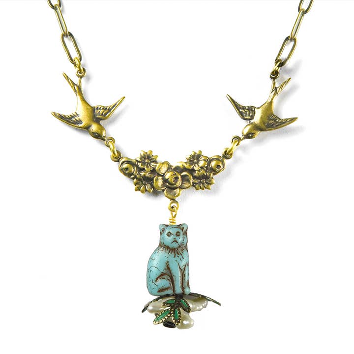 NoMonet - Wholesale Pendant/Charm Necklace - Fairyland: Birds Shooing Cats on Coral or Pearl Necklace