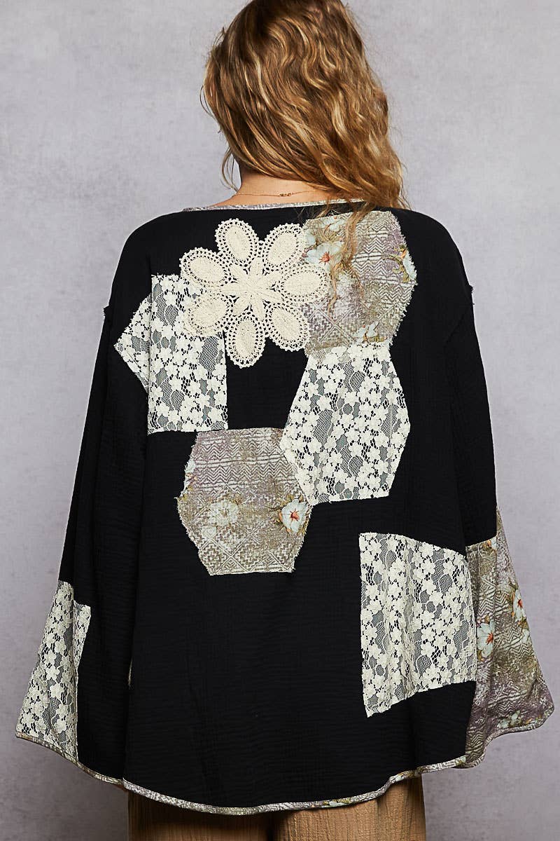 Pol Clothing - Wholesale Cardigan - Women's - Long sleeve double gauze crochet patch cardigan woven top2