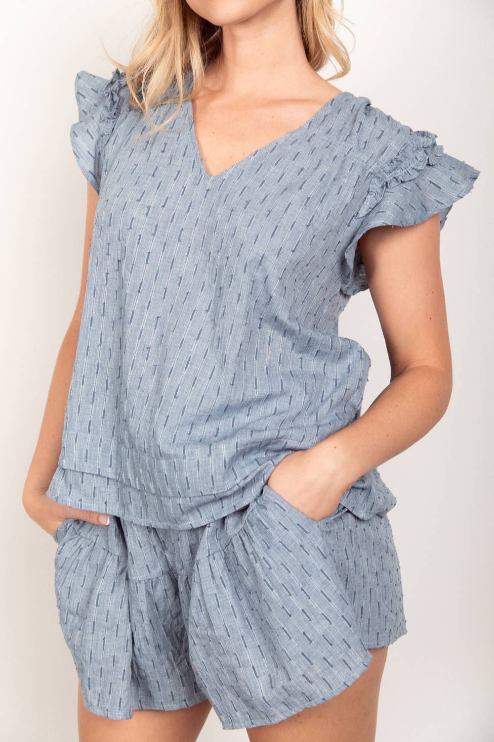 VERY J - Wholesale Lounge Set - Women's - NT11539SET-Solid Cotton Woven Cute Top & Shorts Set6