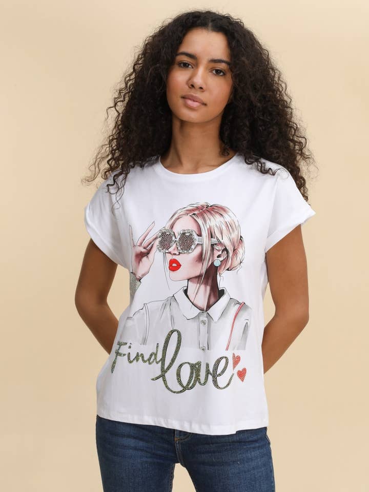 Attrait Paris - Venta al por mayor Camiseta serigrafiada - Mujer - Camiseta de algodón estampada con relieve visual find love2
