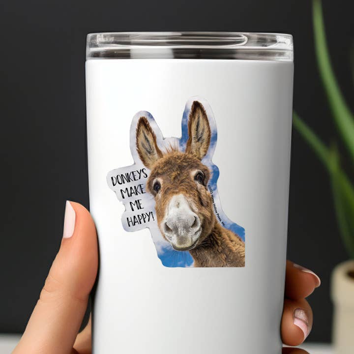 3" Tumbler Donkey Sticker / Make Me Happy /WATERPROOF
for wholesale by Horse Hollow Press / Pretty, Funny, Snarky Cards & Stickers