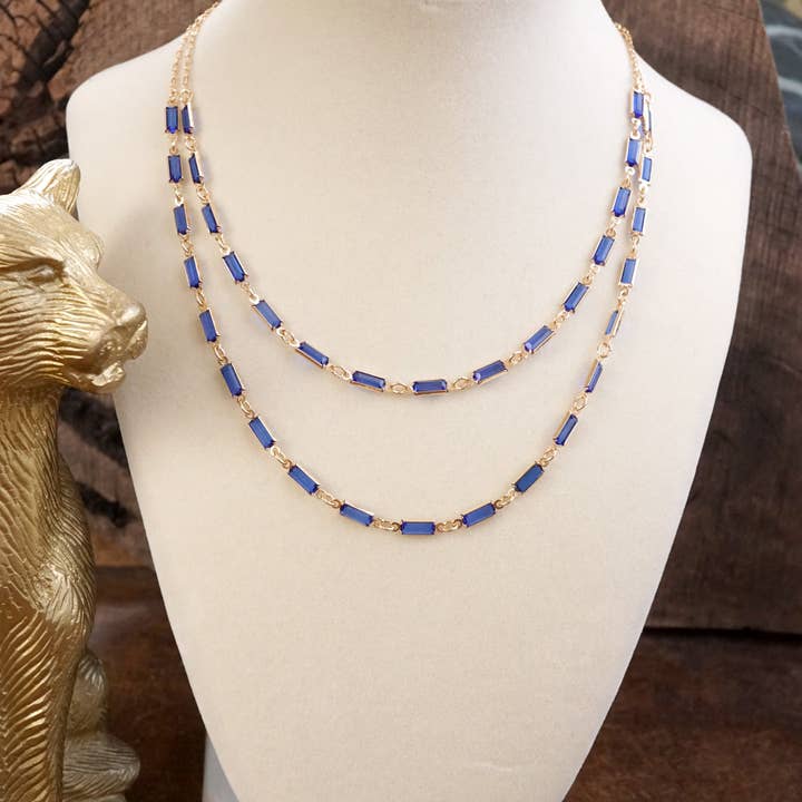 PennyLine inc - Wholesale Link & Chain Necklace - Twice the Sparkle – Double Layer Baguette Crystal Necklace in Gold Tone