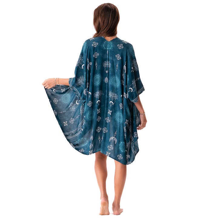 Cosmic Teal Lotus Moon Kimono for wholesale by Lotus and Luna