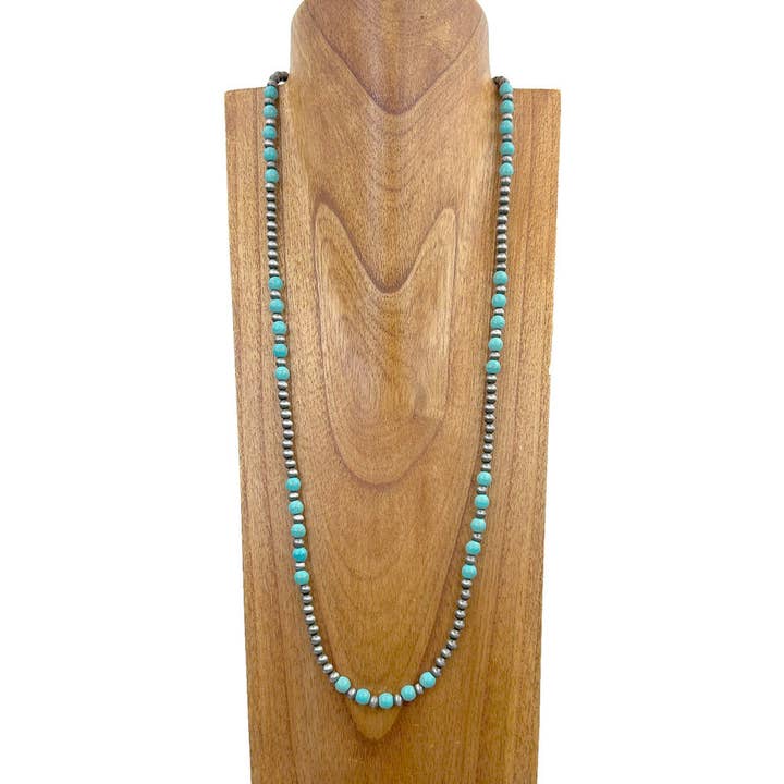 NKY240427-01 33 Inches silver Navajo pearl with blue turquoise round stone beads Necklace for wholesale by Western Elite Jewelry