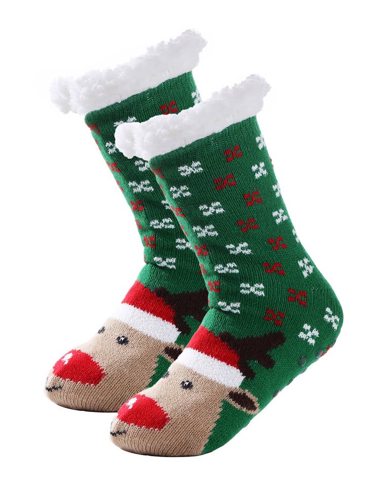 Snazzy Santa - Wholesale Socks - Unisex - Cozy Socks Green with Rudolph4