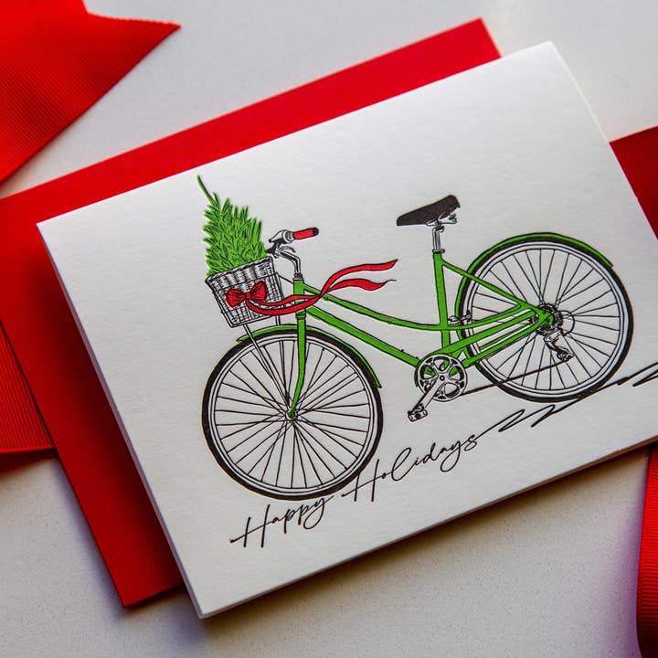 Christmas Bike - Hand Illustrated Letterpress Card for wholesale by Bungalow 36