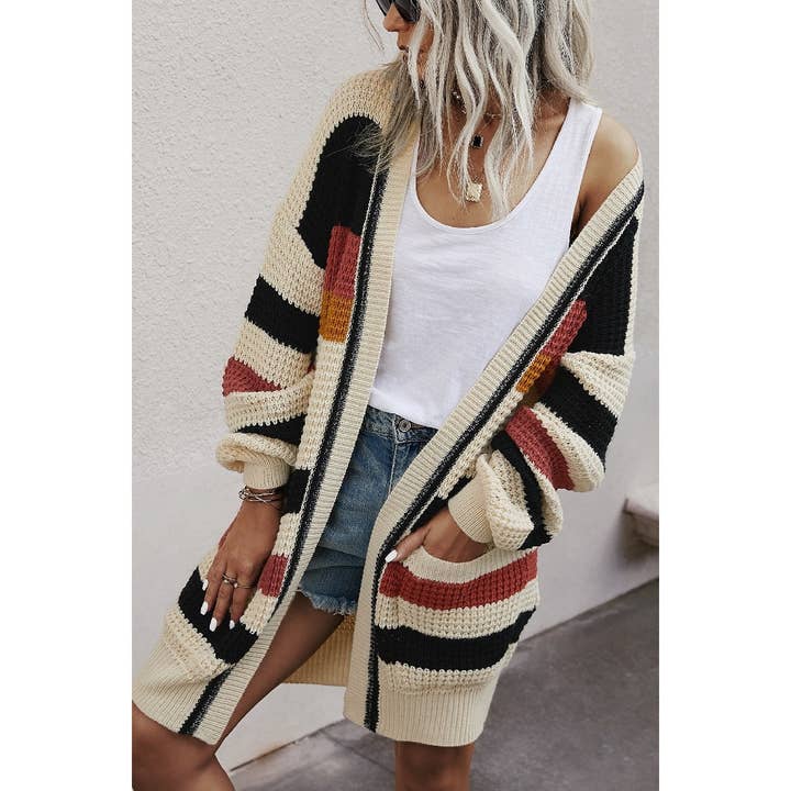 BEIGE Knit Strip Long Sleeves Cardigan for wholesale on Faire