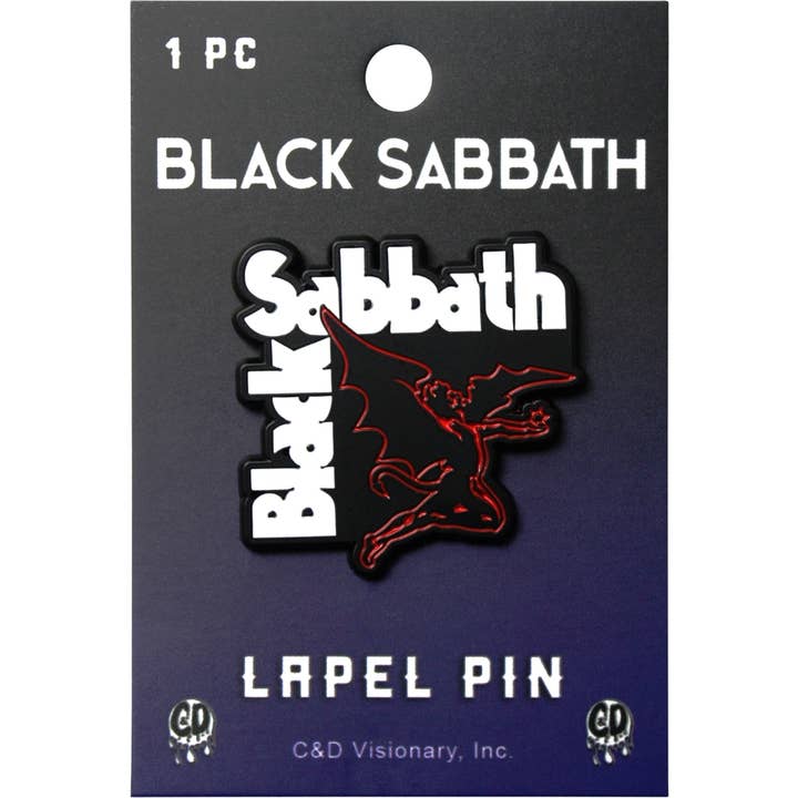Pin esmaltado de Black Sabbath con demonio alado y logo para venta al por mayor de Square Deal Recordings & Supplies