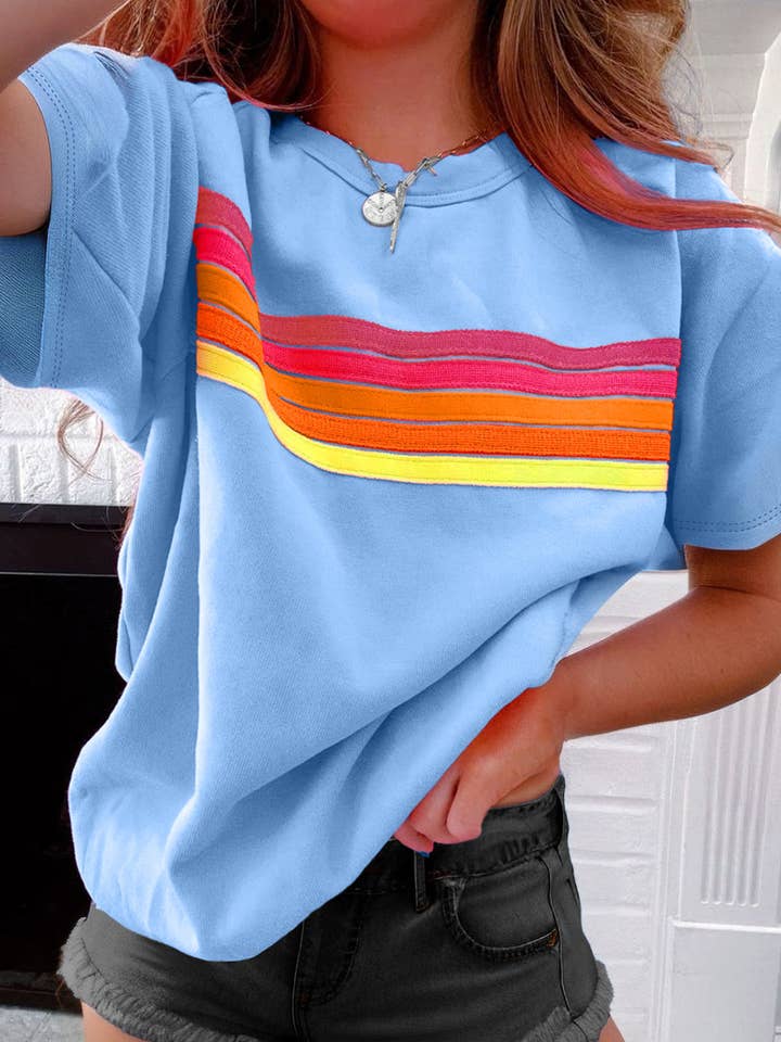 Lovesoft - Wholesale T-shirt – women's - Solid Color Striped Patch Front Casual Tee0