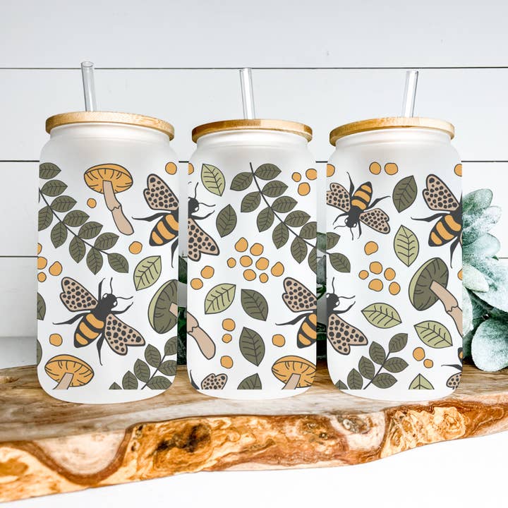Bee and Mushroom Cup, Nature Lover, Floral Iced Coffee Cup for wholesale by Breeco
