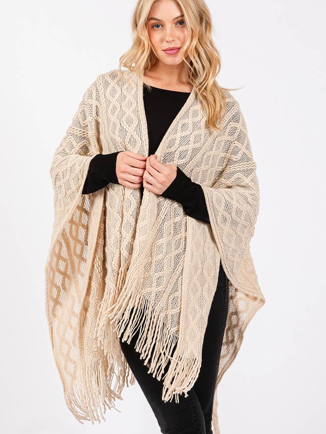 Hana – wholesale Cardigan – Women’s – Diamond Pattern Tassel Knit Ruana Winter Cardigan20