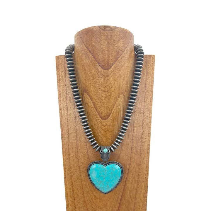 Western Elite Jewelry - Wholesale Pendant/Charm Necklace - NKZ231124-25                          21 inches silver Navajo pearl beads strings with blue turquoise heart stone pendent Necklace0