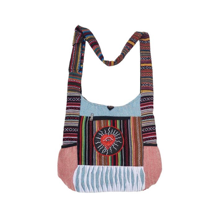 Rising International Inc - Wholesale Crossbody Bag - Women's - Cotton Hemp Heart Eye Two Pocket Sling Bag KFC2722