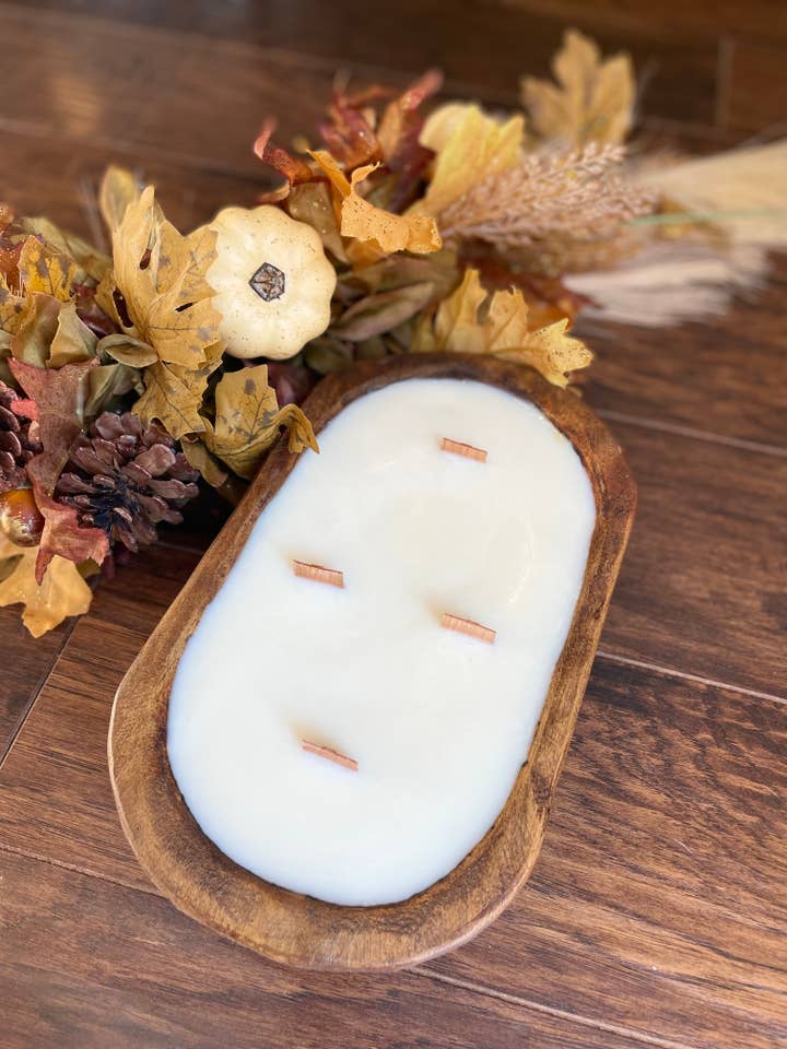 Hand-carved Natural Dough Bowl Wooden Wick Soy Candle for wholesale by Chicwood Candle Co